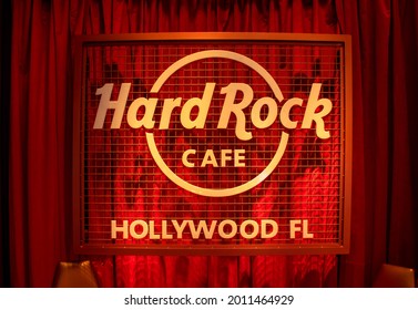 Hollywood, Florida. June 28, 2021. Hard Rock Cafe Sign At Seminole Hard Rock Hotel And Casino (12)