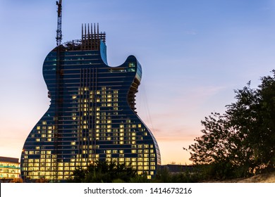 Hollywood, Florida / USA - 6/2/2019: Hard Rock 'Guitar Hotel' In Hollywood. It's A One Of A Kind.  The Only Guitar-shaped Hotel In The World. A 35 Story Building At The Seminole Hard Rock Hotel Casino