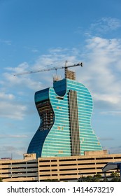 Hollywood, Florida / USA - 6/2/2019: Hard Rock 'Guitar Hotel' In Hollywood. It's A One Of A Kind.  The Only Guitar-shaped Hotel In The World. A 35 Story Building At The Seminole Hard Rock Hotel Casino