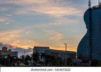 Hollywood, Florida / USA - 6/2/2019: Hard Rock 'Guitar Hotel' In Hollywood. It's A One Of A Kind.  The Only Guitar-shaped Hotel In The World. A 35 Story Building At The Seminole Hard Rock Hotel Casino