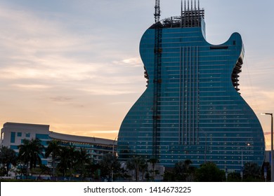 Hollywood, Florida / USA - 6/2/2019: Hard Rock 'Guitar Hotel' In Hollywood. It's A One Of A Kind.  The Only Guitar-shaped Hotel In The World. A 35 Story Building At The Seminole Hard Rock Hotel Casino