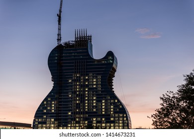 Hollywood, Florida / USA - 6/2/2019: Hard Rock 'Guitar Hotel' In Hollywood. It's A One Of A Kind.  The Only Guitar-shaped Hotel In The World. A 35 Story Building At The Seminole Hard Rock Hotel Casino