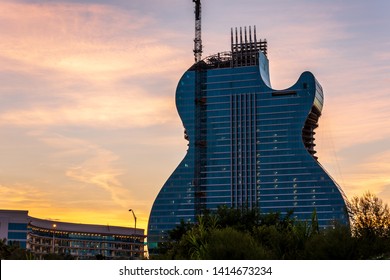 Hollywood, Florida / USA - 6/2/2019: Hard Rock 'Guitar Hotel' In Hollywood. It's A One Of A Kind.  The Only Guitar-shaped Hotel In The World. A 35 Story Building At The Seminole Hard Rock Hotel Casino