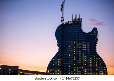 Hollywood, Florida / USA - 6/2/2019: Hard Rock 'Guitar Hotel' In Hollywood. It's A One Of A Kind.  The Only Guitar-shaped Hotel In The World. A 35 Story Building At The Seminole Hard Rock Hotel Casino