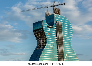 Hollywood, Florida / USA - 6/2/2019: Hard Rock 'Guitar Hotel' In Hollywood. It's A One Of A Kind.  The Only Guitar-shaped Hotel In The World. A 35 Story Building At The Seminole Hard Rock Hotel Casino