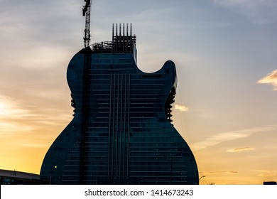 Hollywood, Florida / USA - 6/2/2019: Hard Rock 'Guitar Hotel' In Hollywood. It's A One Of A Kind.  The Only Guitar-shaped Hotel In The World. A 35 Story Building At The Seminole Hard Rock Hotel Casino