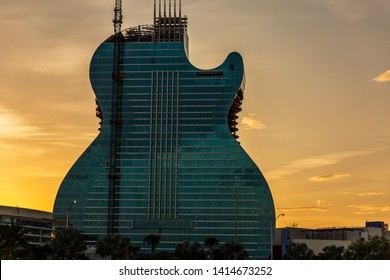 Hollywood, Florida / USA - 6/2/2019: Hard Rock 'Guitar Hotel' In Hollywood. It's A One Of A Kind.  The Only Guitar-shaped Hotel In The World. A 35 Story Building At The Seminole Hard Rock Hotel Casino