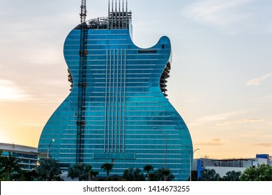 Hollywood, Florida / USA - 6/2/2019: Hard Rock 'Guitar Hotel' In Hollywood. It's A One Of A Kind.  The Only Guitar-shaped Hotel In The World. A 35 Story Building At The Seminole Hard Rock Hotel Casino