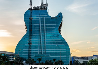 Hollywood, Florida / USA - 6/2/2019: Hard Rock 'Guitar Hotel' In Hollywood. It's A One Of A Kind.  The Only Guitar-shaped Hotel In The World. A 35 Story Building At The Seminole Hard Rock Hotel Casino