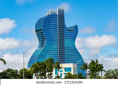 HOLLYWOOD, FLORIDA, USA - APRIL 6, 2020: Seminole Hard Rock Hotel And Casino, The Largest Guitar Shaped Building In The World