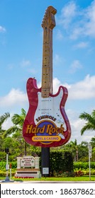 HOLLYWOOD, FLORIDA, USA - APRIL 6, 2020: Seminole Hard Rock Hotel And Casino Entrance With Guitar Shaped Sign