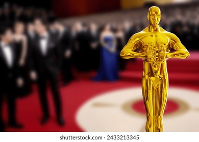 Hollywood Golden award statue with award ceremony background. Success and victory concept.