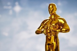 Hollywood Golden Oscar Academy Award Statue On Red Background. Success And Victory Concept.