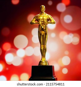 Hollywood Golden Oscar Academy award statue on light rays on black background with copy space. Success and victory concept. - Shutterstock ID 2115754811