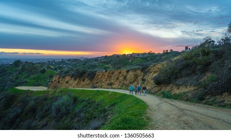 Hollywood Hills Hiking Trail At Sunset In Log Angeles, California