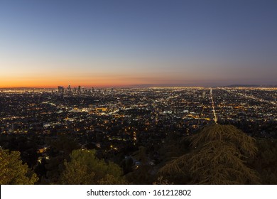 Hollywood Hills View Of The City Of Los Angeles Before Dawn.  