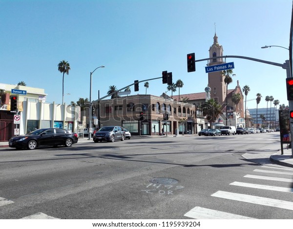 HOLLYWOOD, Los Angeles, California - September\
19, 2018: LAS PALMAS AVENUE, street direction sign on SUNSET Blvd\
in HOLLYWOOD, Los\
Angeles