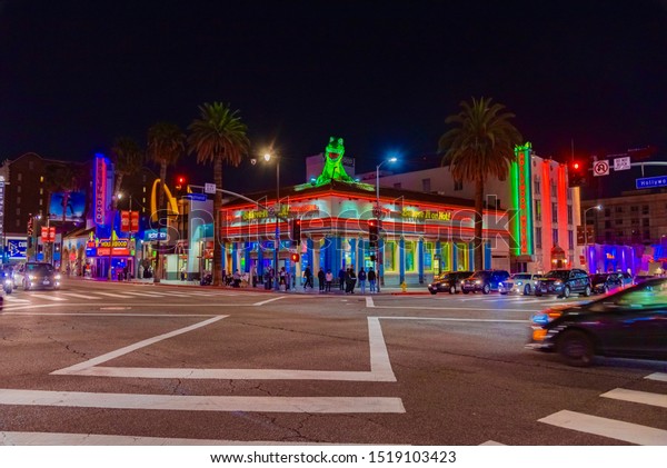 Hollywood, Los\
Angeles - February 13 2019: streets of Hollywood with neon lights\
of shops in the city of film\
stars