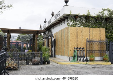 HOLLYWOOD - OCTOBER 7: Image of properties boarded up for the anticipated passing of Hurricane Matthew which did minimal damage in the Hollywood FL area October 7, 2016 in Hollywood FL, USA