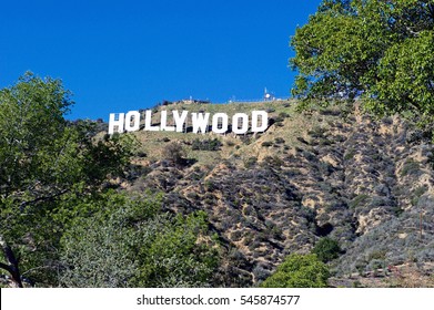 HOLLYWOOD/CALIFORNIA - DECEMBER 29, 2016: Hollywood Sign. World famous landmark and American cultural icon on Mount Lee in Hollywood Hills area of Santa Monica Mountains. Hollywood, 