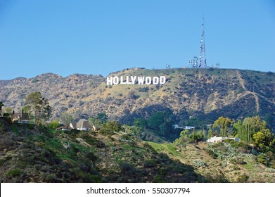 HOLLYWOOD/CALIFORNIA - JANUARY 1, 2017: Hollywood Sign. World famous landmark and American cultural icon on Mount Lee in Hollywood Hills area of Santa Monica Mountains. Hollywood,
