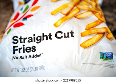 Hollywoood, USA - July 26, 2021: Macro Closeup Of Frozen Straight Cut French Fries With No Salt Added Package Plastic Bag By 365 Whole Foods Market Grocery Supermarket Store