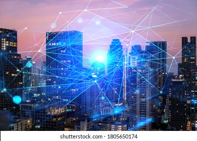 Hologram of abstract technology glowing icons, panoramic cityscape of Bangkok at sunset, Asia. The concept of worlds technological changes. Double exposure. - Shutterstock ID 1805650174