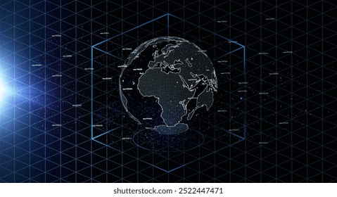 Hologram earth, planet and coding in space for global network, cube and cybersecurity and lens flare. Holographic world, overlay and futuristic light for digital transformation in technology abstract