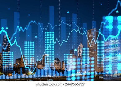 A hologram of financial graphs superimposed on a nighttime city skyline, representing future technology and business concepts. Double exposure