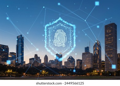 A hologram of a fingerprint over a city skyline at dusk, with floating digital elements. Cybersecurity and technology concept. Double exposure - Powered by Shutterstock