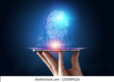 Hologram fingerprint, fingerprint scan on a smartphone, blue background, ultraviolet. concept of fingerprint, biometrics, information technology and cyber security. Mixed media. - Powered by Shutterstock