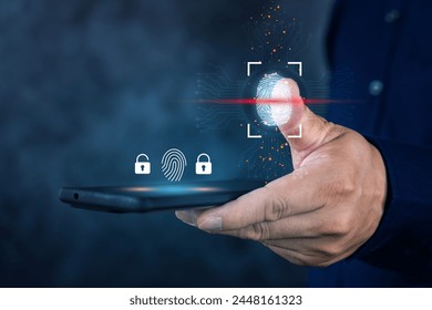 Hologram fingerprint, fingerprint scan on a smartphone, blue background, ultraviolet. concept of fingerprint, biometrics, information technology and cyber security. Mixed media.