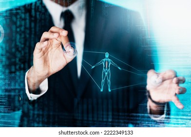 Hologram, Futuristic Technology And Human Body Health With Medical Ai App Or Digital Healthcare In Metaverse. Business Man, Anatomy Overlay And Innovation For Futuristic Ux Patient Care Consultation