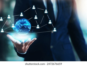 Hologram, globe and business person hand in office for networking, corporate connection. Palm, world and global network with executive holding community together for support or communication - Powered by Shutterstock