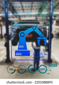 Hologram With Icon On Virtual Screen, Smart Factory Technology Interface In Car Factory Industrial. Smart Factory Technology Interface