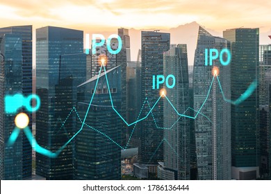 Hologram of IPO glowing icon, sunset panoramic city view of Singapore. The financial hub for transnational companies in Asia. The concept of boosting the growth by IPO process. Double exposure.
