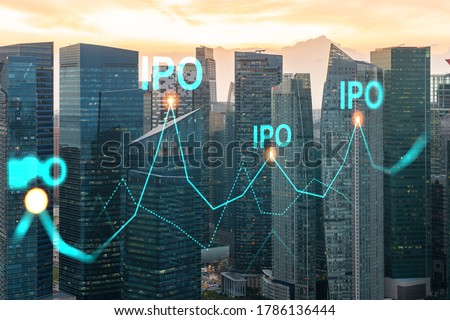 Hologram of IPO glowing icon, sunset panoramic city view of Singapore. The financial hub for transnational companies in Asia. The concept of boosting the growth by IPO process. Double exposure.