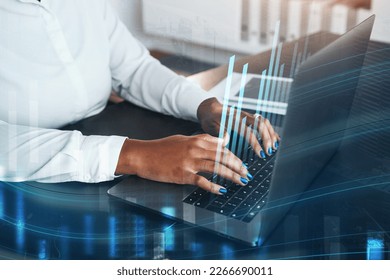 Hologram, laptop or hands trading cryptocurrency on stock market for financial profit or investment growth. Overlay, chart or black woman trader working or typing on forex digital fintech website