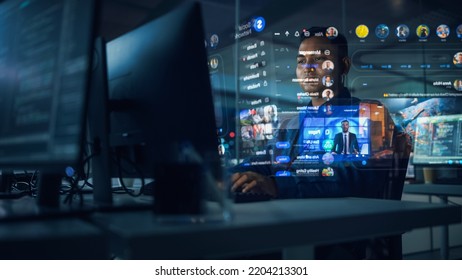 Hologram Screens: Creative Indian Man Using Desktop Computer With Holographic Projection, Multiple Displays Show Websites, Video Streaming Services, Social Media Feed, E-Commerce, E-Learning Content