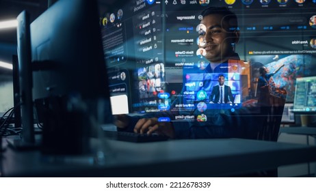 Hologram Screens: Indian Man Using Desktop Computer With Holographic Projection, Multiple Displays Show Websites, Video Streaming Services, Social Media Feed, E-Commerce, E-Learning Content