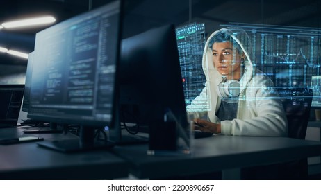 Hologram Screens: Portrait of Young Female IT Specialist Working on PC with Holographic Projection, Multiple Displays Show Coding Language, Backend Programming, Software Creation, Product Development