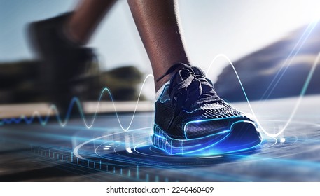 Hologram, shoes and sports for fitness, run and speed for health tracking outdoor. Future, sneakers and graphics for workout, exercise and balance for routine, training for marathon and wellness. - Shutterstock ID 2240460409