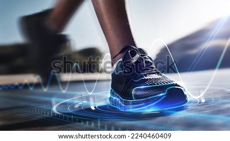 Hologram, shoes and sports for fitness, run and speed for health tracking outdoor. Future, sneakers and graphics for workout, exercise and balance for routine, training for marathon and wellness. 商業照片 © 