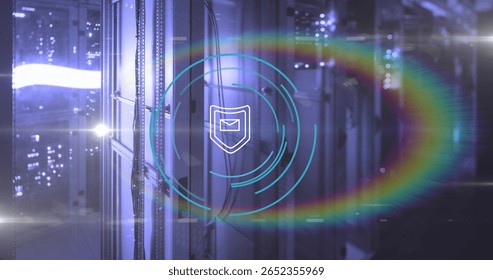 Hologram showing shield enclosing envelope above racks and cables in server room with blinking LEDs. Technology, data, cybersecurity, futuristic, digital, innovation, network