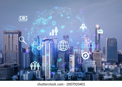 Hologram of social media icons over sunset panoramic cityscape of Bangkok, Asia. The concept of people connections. Multi exposure. - Powered by Shutterstock - Get 15% off with code: PIKWIZARD15