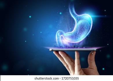 Hologram Of The Stomach, Endoscopy Procedure. Digestive Tract And Stomach Disease Concept. Mixed Medium, Copy Space