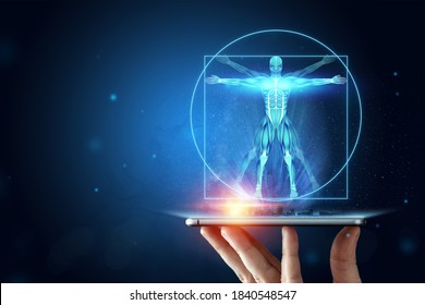 Hologram Vitruvian man, the structure of human muscles, biology of the muscular system. Human anotomy concept.