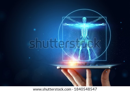 Hologram Vitruvian man, the structure of human muscles, biology of the muscular system. Human anotomy concept.