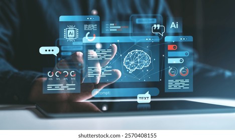 Holographic AI interface with neural network and data charts, glowing futuristic design, dark background, concept of technology