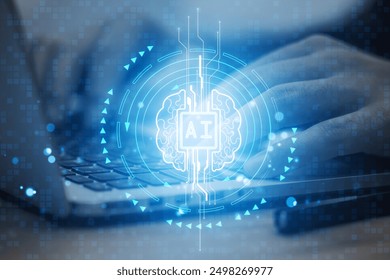 Holographic brain with AI symbol overlaying a person's hands typing on a keyboard. Futuristic style on a digital background. Concept of artificial intelligence